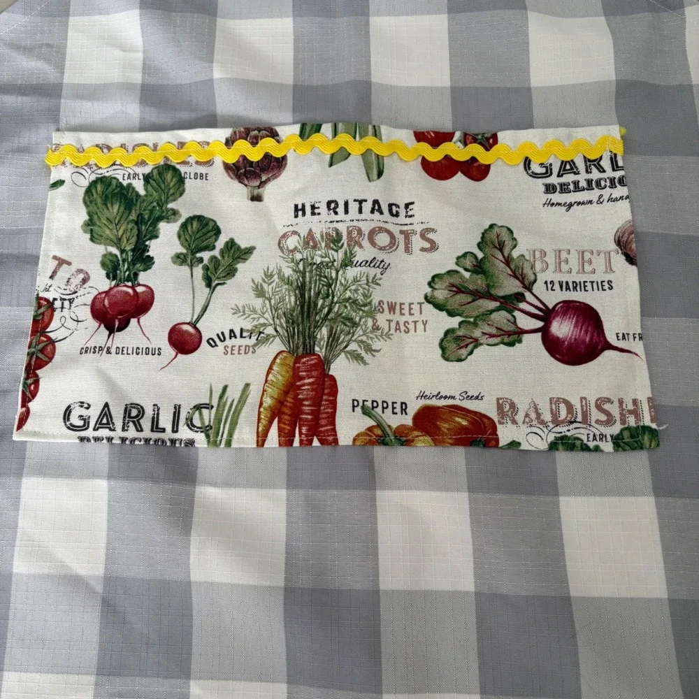 Handmade Grey Buffalo Check Kitchen Apron w Heritage Vegetable Print Pocket Trim